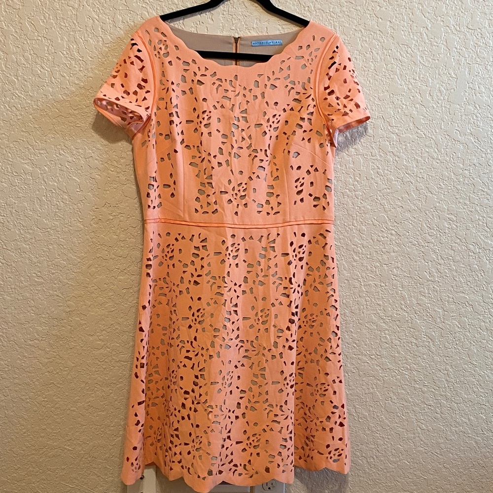 Antonio Melani Laser Cut Coral Lace Midi Dress Size 12-14 Women